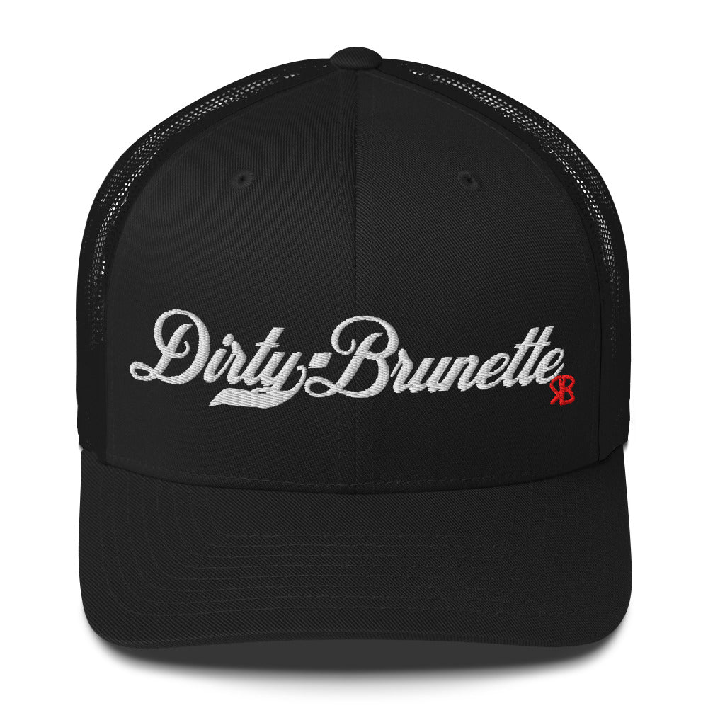 black trucker cap with 'Dirty Brunette' in white milkstore font. Branded RB in Red
