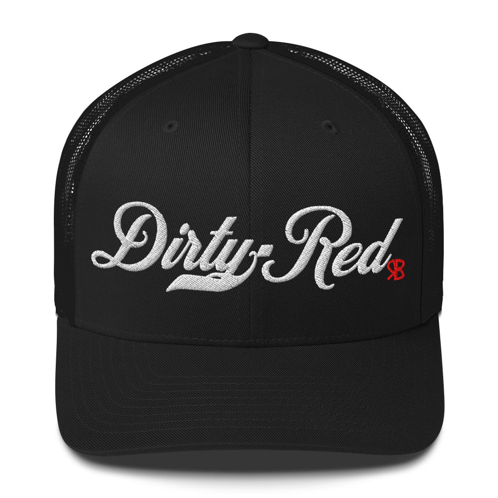 black trucker cap with 'Dirty Red' in white milkstore font. Branded RB in Red