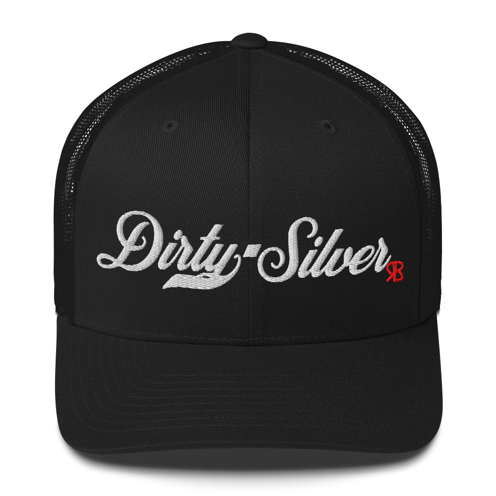 black trucker cap with 'Dirty Silver' in white milkstore font. Branded RB in Red