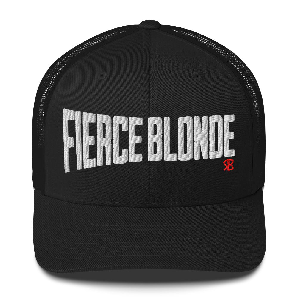 black retro trucker cap with bold white embroidered text “Fierce Blonde” across the front, featuring a small red RB logo on the side.