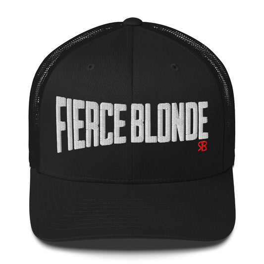 black retro trucker cap with bold white embroidered text “Fierce Blonde” across the front, featuring a small red RB logo on the side.