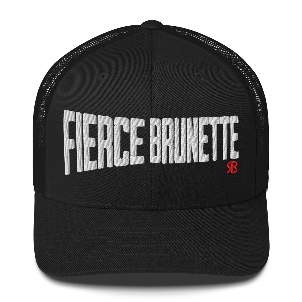 black retro trucker cap with bold white embroidered text “Fierce Brunette” across the front, featuring a small red RB logo on the side.