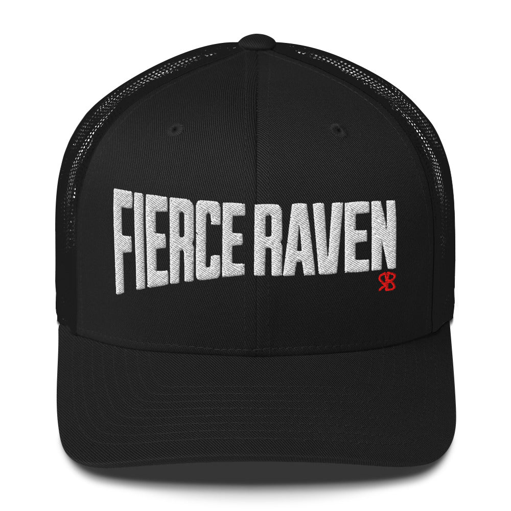 black retro trucker cap with bold white embroidered text “Fierce Raven” across the front, featuring a small red RB logo on the side.