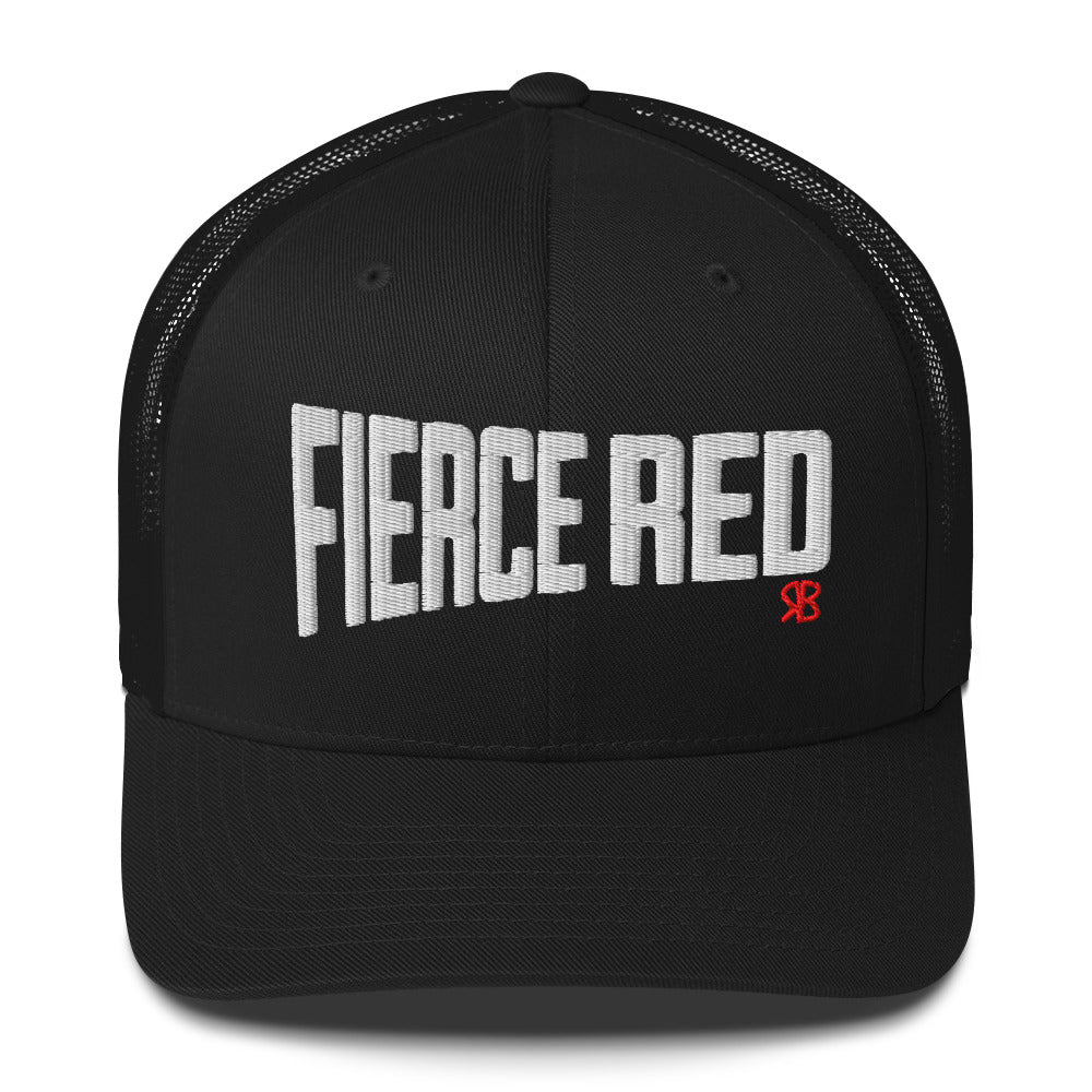 black retro trucker cap with bold white embroidered text “Fierce Red” across the front, featuring a small red RB logo on the side.
