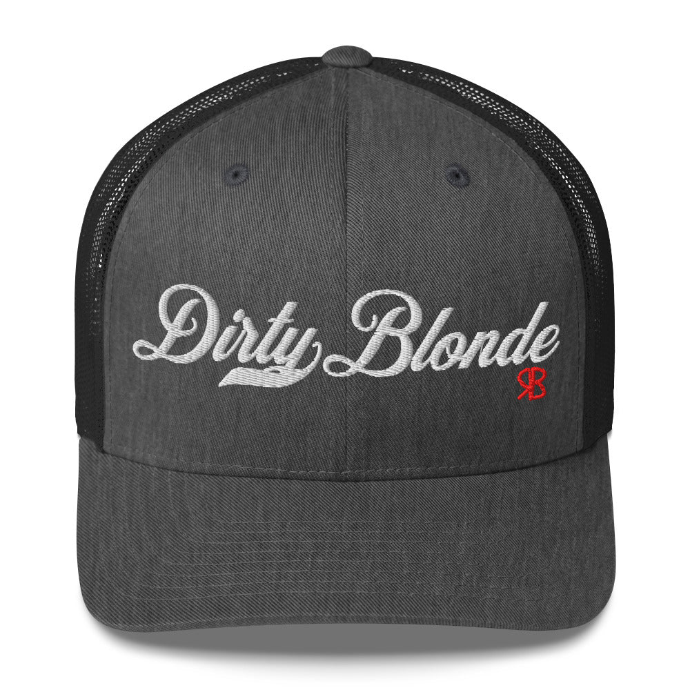 black/gray trucker cap with 'Dirty Blonde' in white milkstore font. Branded RB in Red