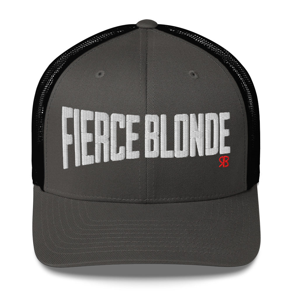 black/dark grey retro trucker cap with bold white embroidered text “Fierce Blonde” across the front, featuring a small red RB logo on the side.