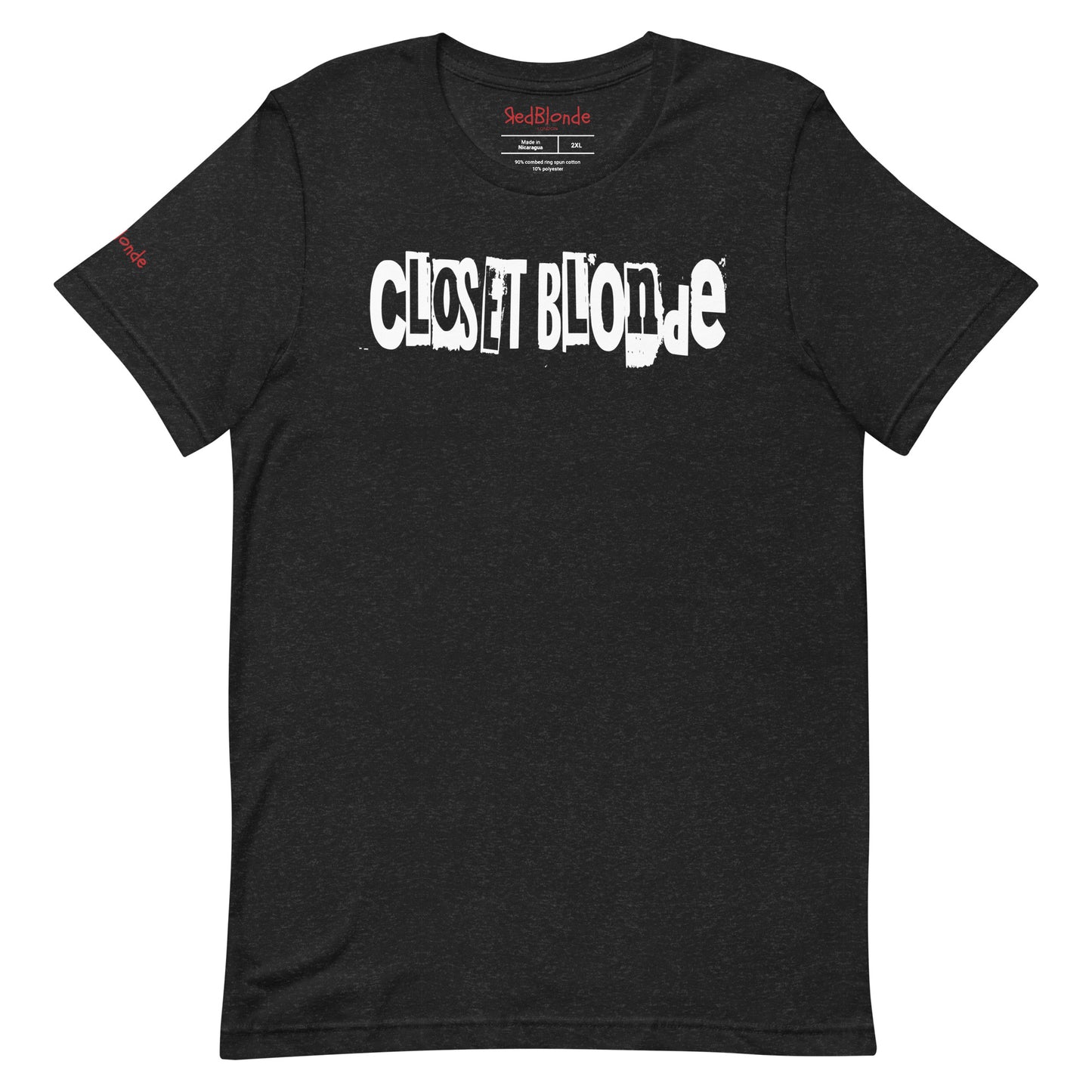 flatlay of a black heather relaxed fit graphic t-shirt with 'Closet Blonde' in irregular black and white printing block style caps and lowercase lettering. Branded RedBlonde London in inside neck and right sleeve