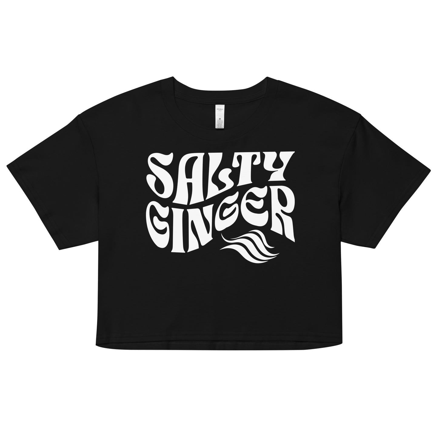 black loose women's crop top t-shirt with the words ‘Salty Ginger’ in white solino display retro wavy 70s font
