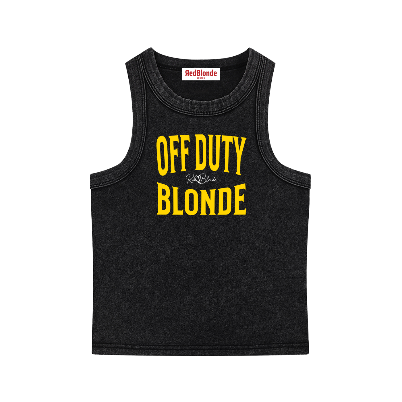 A black sleeveless vintag acid wash tank top laid flat on a white background, with yellow text on the chest reading “OFF DUTY BLONDE” in bold Brookfield lettering, and a small cursive RedBlonde signature logo between the words.