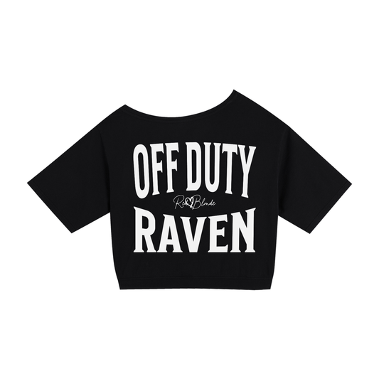 black asymmetrical boxy T-shirt with white ‘OFF DUTY RAVEN brookfield text back print and RedBlonde signature logo.”