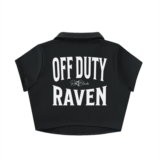 Black cropped polo shirt with large white “OFF DUTY RAVEN” Brookfield text on the back and a small RedBlonde script logo beneath.