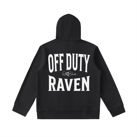 black oversized hoodie shown from the back on a white background, featuring large white “OFF DUTY RAVEN” Brookfield text with a small RedBlonde script logo between the words.