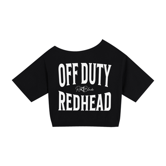 black asymmetrical boxy T-shirt with white ‘OFF DUTY REDHEAD’ brookfield text back print and RedBlonde signature logo.”