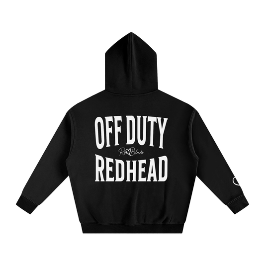 black hoodie, back view, with large white ‘OFF DUTY REDHEAD’ Brookfield text print and small RedBlonde signature logo beneath.