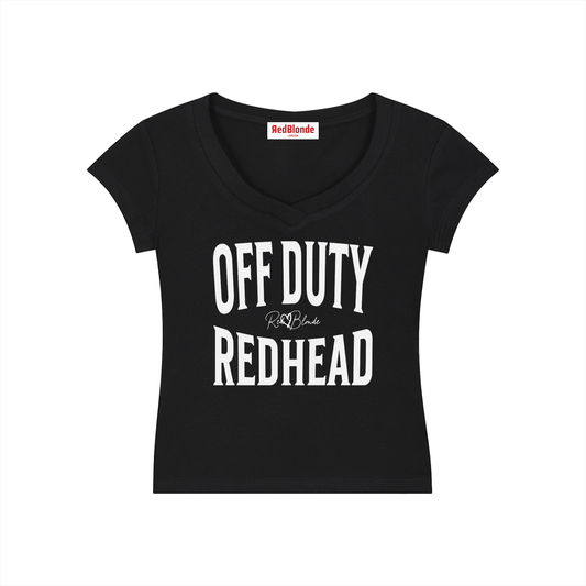 black fitted V-neck T-shirt with black ‘OFF DUTY REDHEAD’ Brookfield text front print, RedBlonde logo detail, and RedBlonde neck label