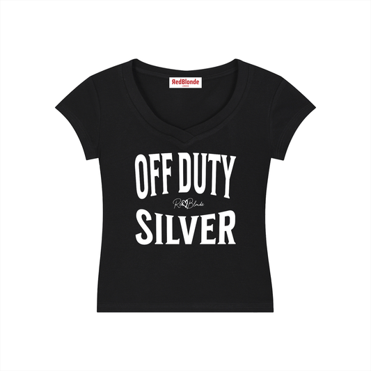 black fitted V-neck T-shirt with black ‘OFF DUTY SILVER’ Brookfield text front print, RedBlonde logo detail, and RedBlonde neck label
