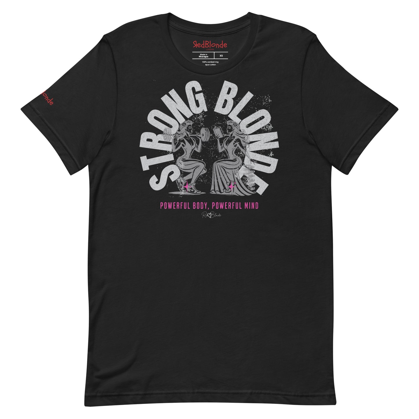 A black relaxed-fit crew neck t-shirt featuring a graphic of two women: one holding a barbell on her shoulders, the other reading a book on a pile of books. The words ‘STRONG BLONDE’ are arced over the women in pale grey, while ‘Powerful Body, Powerful Mind’ is in bright pink underneath. The t-shirt is signed off RedBlonde with a heart. Branded RedBlonde in red on inside neck and right sleeve