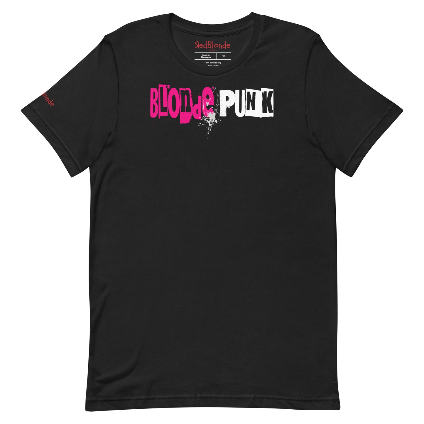 flatlay of a black relaxed fit graphic t-shirt with 'Blonde Punk' in irregular printing block style caps and lowercase . Blonde is written in bright prink and Punk in white lettering. Branded RedBlonde London in inside neck and right sleeve