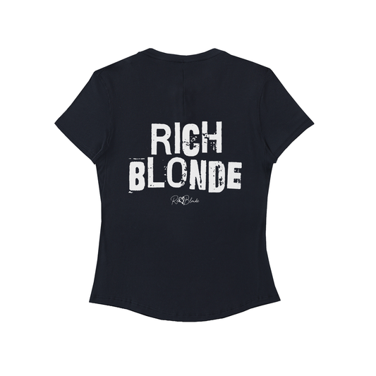 Back view of a black, slightly fitted women’s henley T-shirt with short sleeves and a gently curved hem. Centered on the upper back is bold distressed black Ed Gein text reading “RICH BLONDE,” with a small RedBlonde signature script logo beneath it. The shirt is shown on a plain white background.