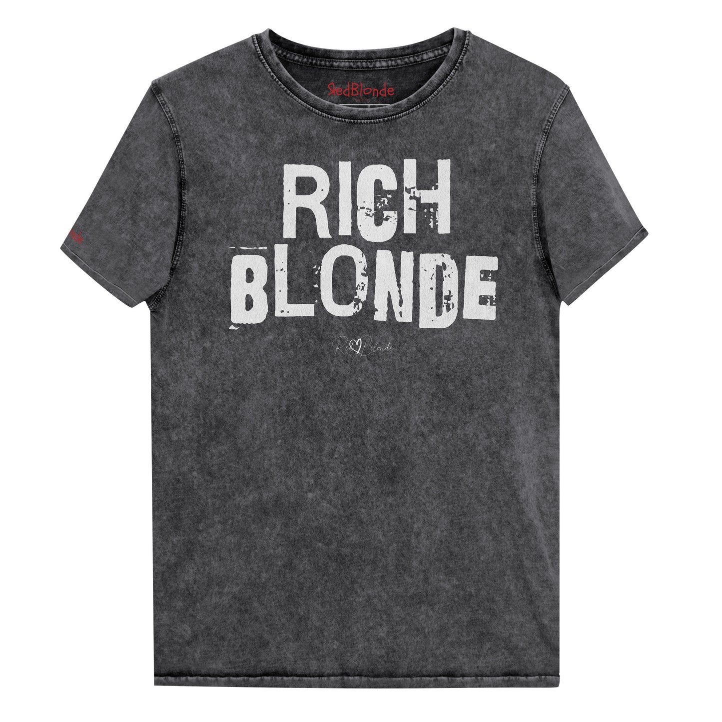 black acid-wash unisex denim T-shirt with a distressed vintage look. The shirt features "RICH BLONDE" in bold white Ed Gein font with the RedBlonde signature logo underneath. The shirt has short sleeves, a crew neckline, and visible seam detailing for a rugged, casual style. Branded Redblonde on inside neck and right sleeve