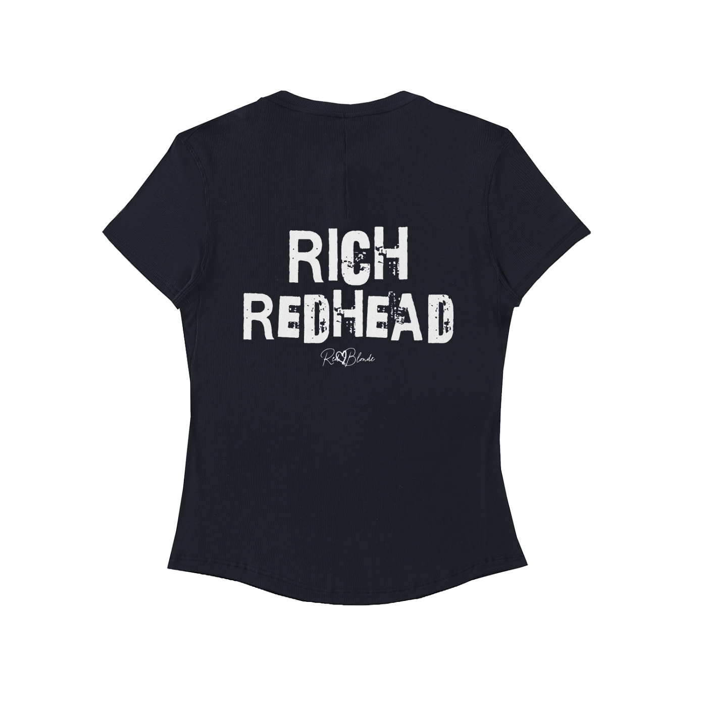 Back view of a black slightly fitted women’s henley T-shirt with short sleeves and a gently curved hem. Centered on the upper back is bold distressed black Ed Gein text reading “RICH REDHEAD” with a small RedBlonde signature script logo beneath it. The shirt is shown on a plain white background.