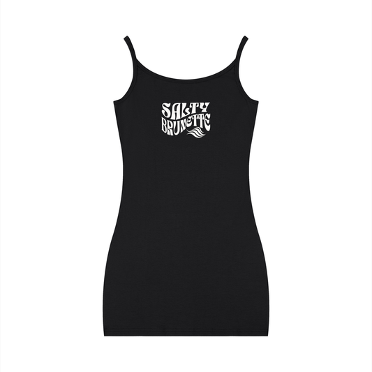 Black bodycon mini dress with thin straps and a scoop neckline, featuring a white Salty Brunette graphic in Solino Display font on the chest.