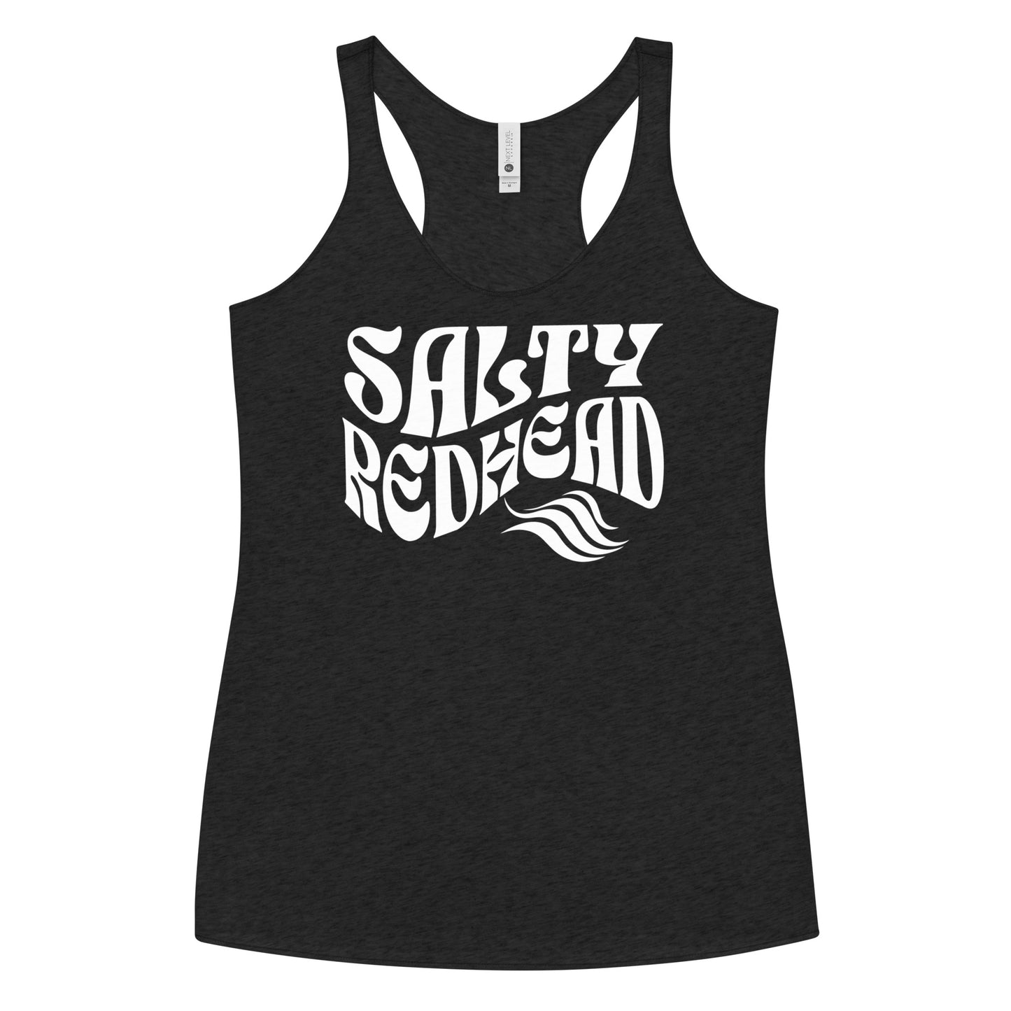 Flatlay of a black soft racerback tank t-shirt with 'Salty Redhead' play on words slogan in white retro wavy 70s font. Branded RedBlonde London on reverse