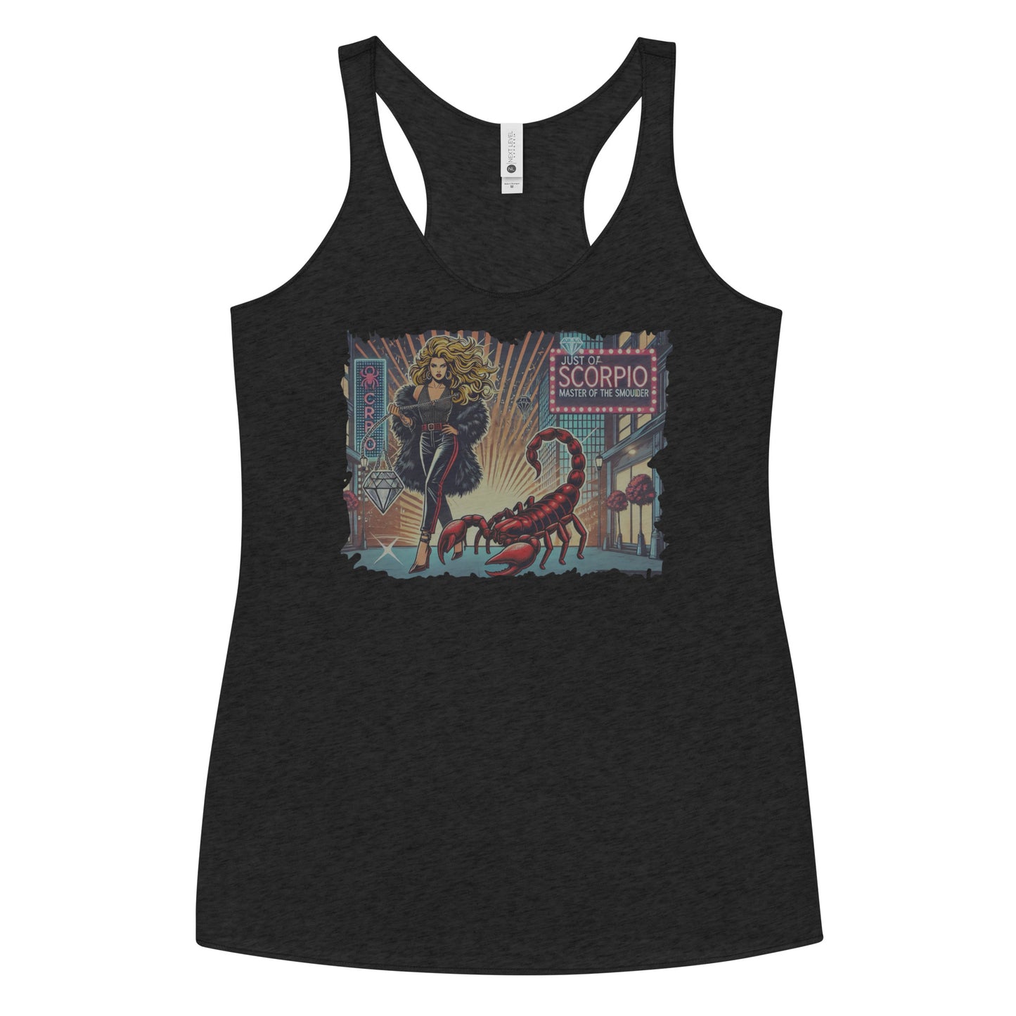 Flatlay of a heather black soft racerback tank t-shirt with a retro pop-art blonde Scorpio graphic featuring a blonde woman with long flowing hair, wearing a black pants with a red stripe down the side, a halterneck top and fur coat, next to a large red scorpion walking down the street past a shop window captioned ‘Just a Scorpio, Master of the Smoulder'