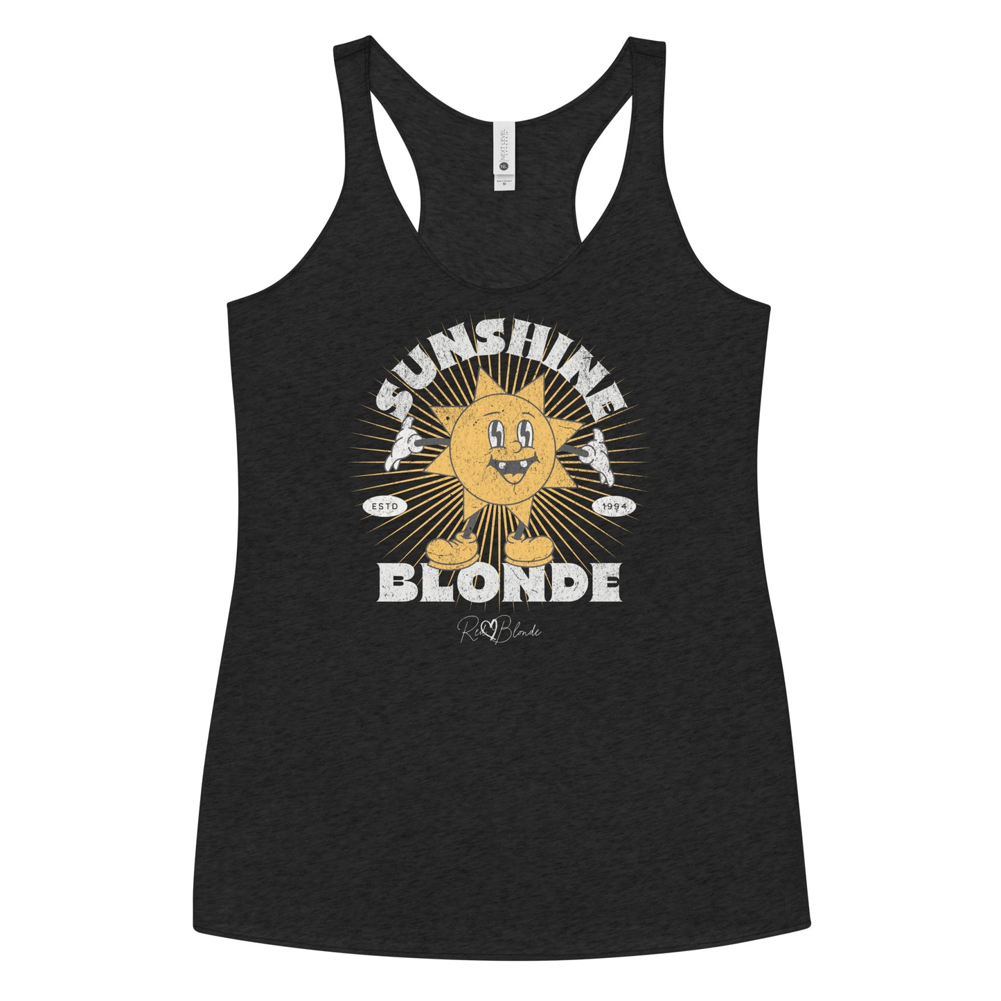 black women’s racerback tank with a retro cartoon-style yellow sun character, smiling with open arms, surrounded by radiant sunbeams. The text reads ‘Sunshine Blonde’ in bold vintage Belzebuth lettering, with small details including ‘ESTD 1994’ and the RedBlonde signature logo beneath."