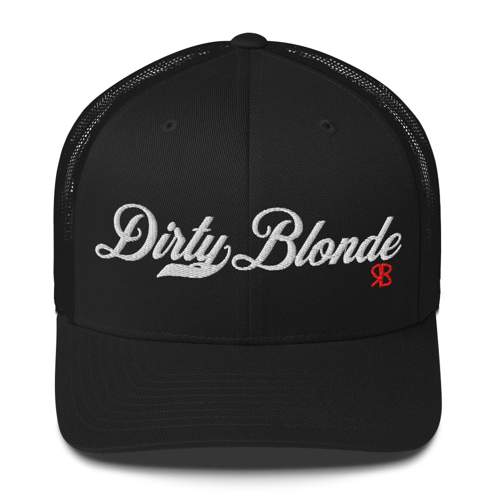black trucker cap with 'Dirty Blonde' in white milkstore font. Branded RB in Red