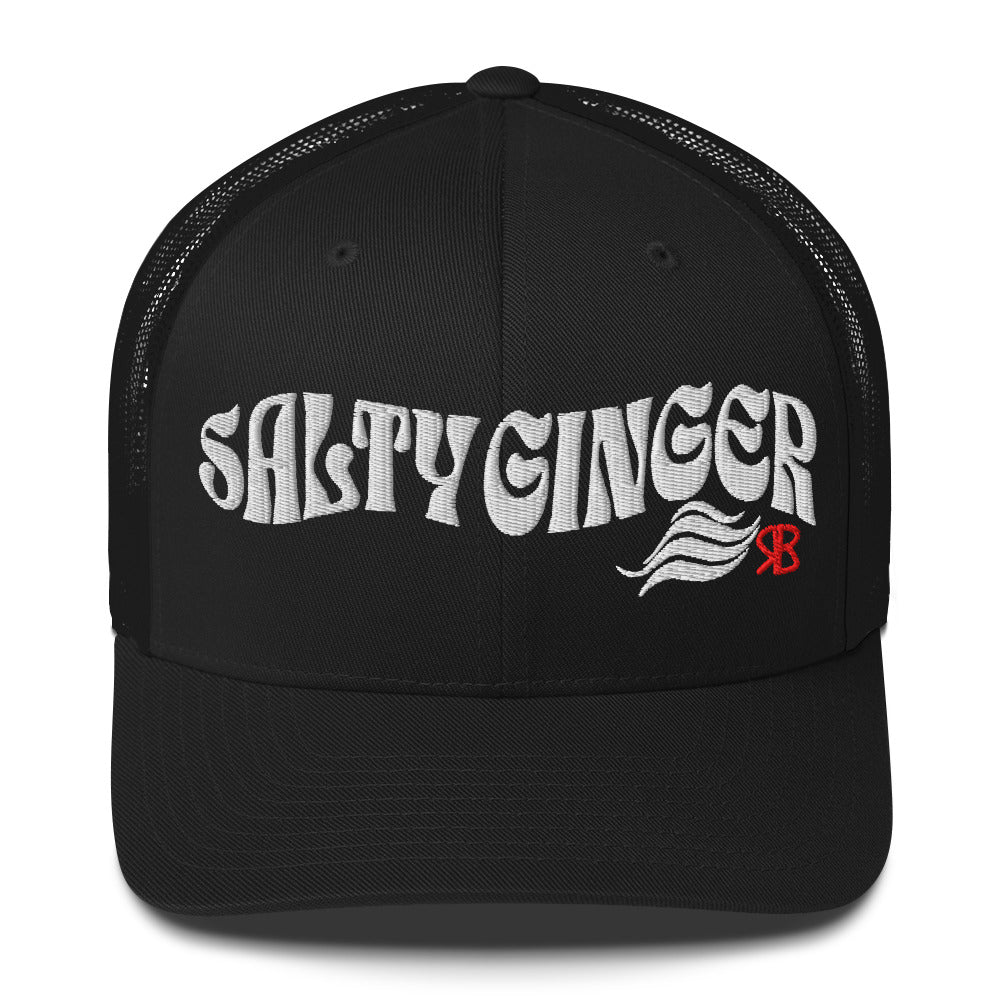 black trucker cap with 'Salty Ginger' in white Solino display font. Branded RB in red