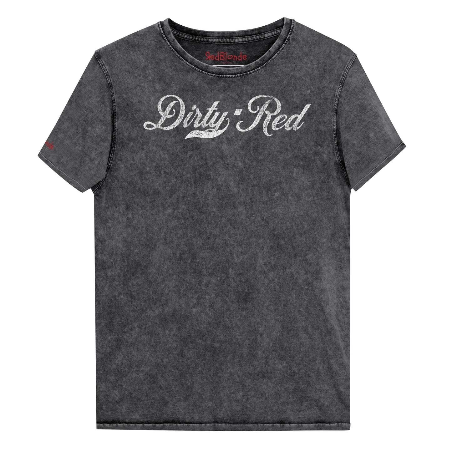 Flatlay of a black unisex loose-fit denim wash t-shirt with vintage Coca-Cola-inspired milkstore script in white reading ‘Dirty Red’ on the front. Branded RedBlonde on the inside neck and right shoulder in red