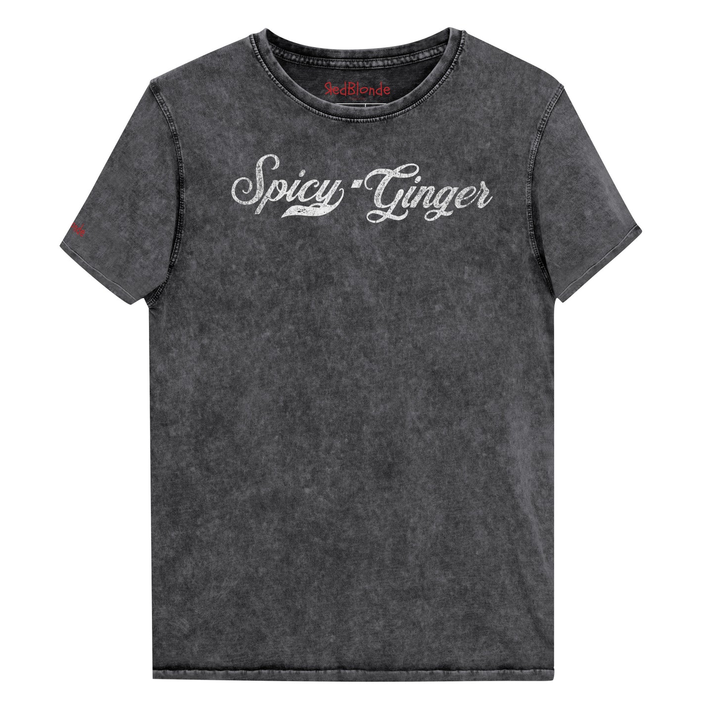 Flatlay of a black unisex loose-fit denim wash t-shirt with vintage Coca-Cola-inspired milkstore script in white reading ‘Spicy Ginger’ on the front. Branded RedBlonde on the inside neck and right shoulder in red