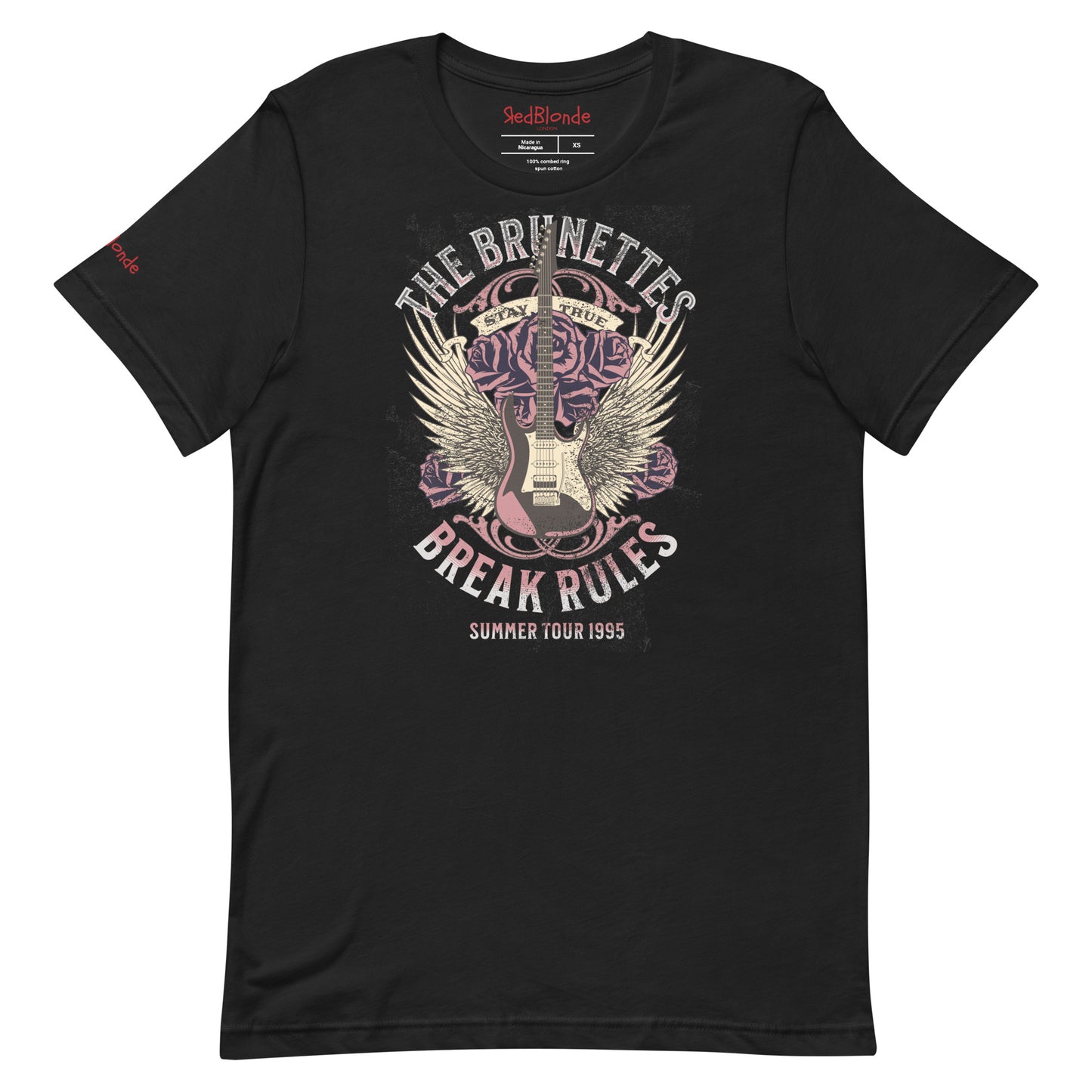 A black unisex t-shirt with a burnt pink & beige graphic of a guitar with bird wings emerging from the side. The graphic features ‘THE BRUNETTES’ in Brookfield font above the guitar, ‘STAY TRUE' across the top and 'BREAK THE RULES’ underneath. Branded RedBlonde London in inside neck and right sleeve.