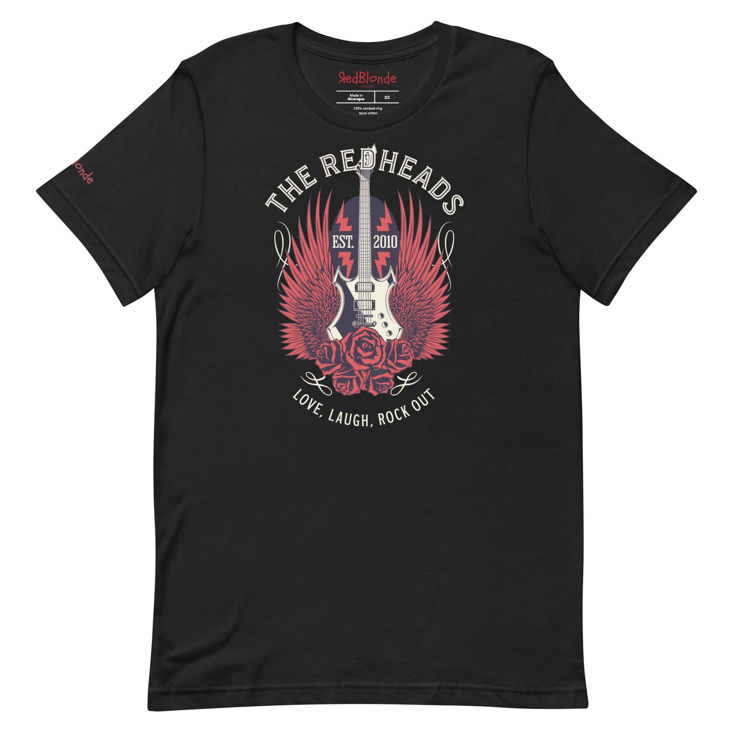 A flatlay of a black unisex t-shirt with a graphic of a black & white guitar with red bird wings emerging from the side. The graphic features ‘THE REDHEADS' in Brookfield font in a semicircle above the guitar, while ‘Love, laugh, rock out’ is underneath. Branded RedBlonde London in inside neck and right sleeve
