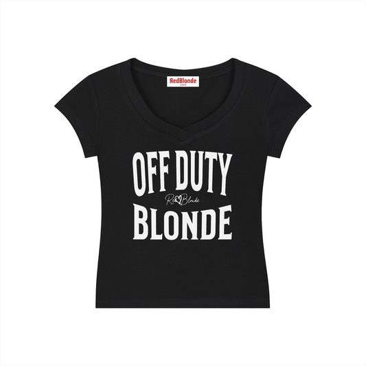 black fitted V-neck T-shirt with black ‘OFF DUTY BLONDE’ Brookfield text front print, RedBlonde logo detail, and RedBlonde neck label