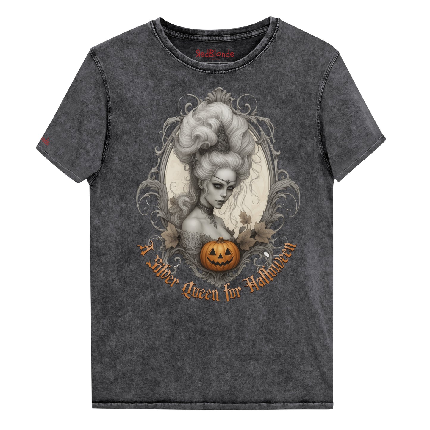 Black acid-wash unisex T-shirt featuring a gothic-style illustration of a silver-haired woman with an elaborate beehive hairstyle, framed by ornate scrollwork, autumn leaves, and a carved pumpkin. The design is captioned with the text ‘A Silver Queen for Halloween’ in vintage Dark Angle lettering. Branded RedBlonde in red on inside neck and right sleeve