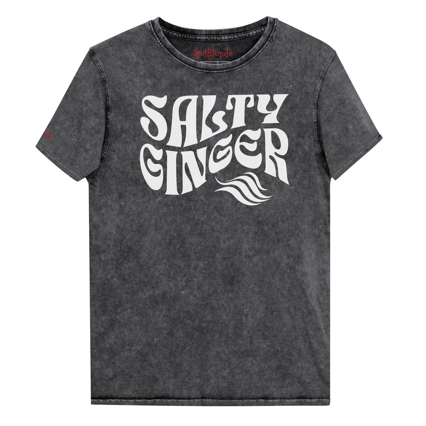 flatlay of a black vintage wash graphic t-shirt with the slogan 'Salty Ginger' in white retro 70s wavy font. Branded RedBlonde inside neck and right shoulder in red
