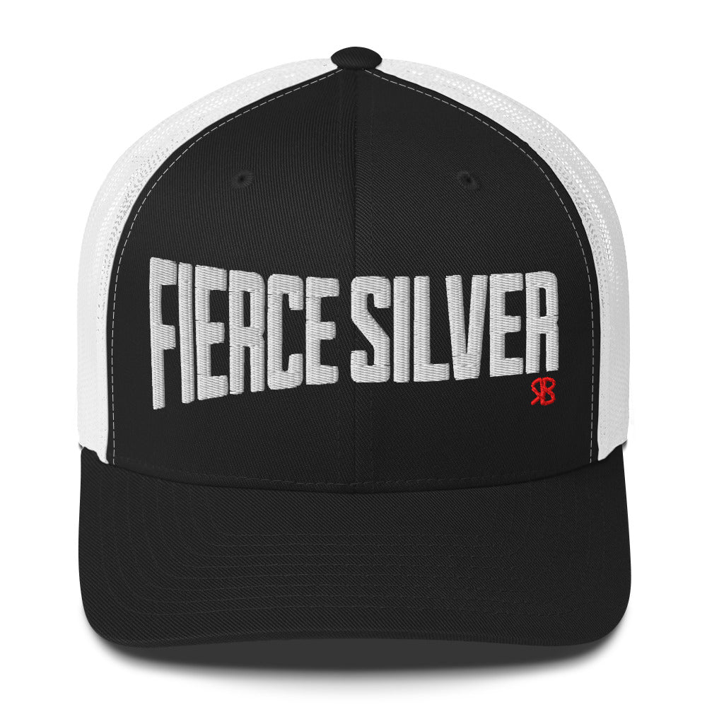 black/white retro trucker cap with bold white embroidered text “Fierce Silver” across the front, featuring a small red RB logo on the side.