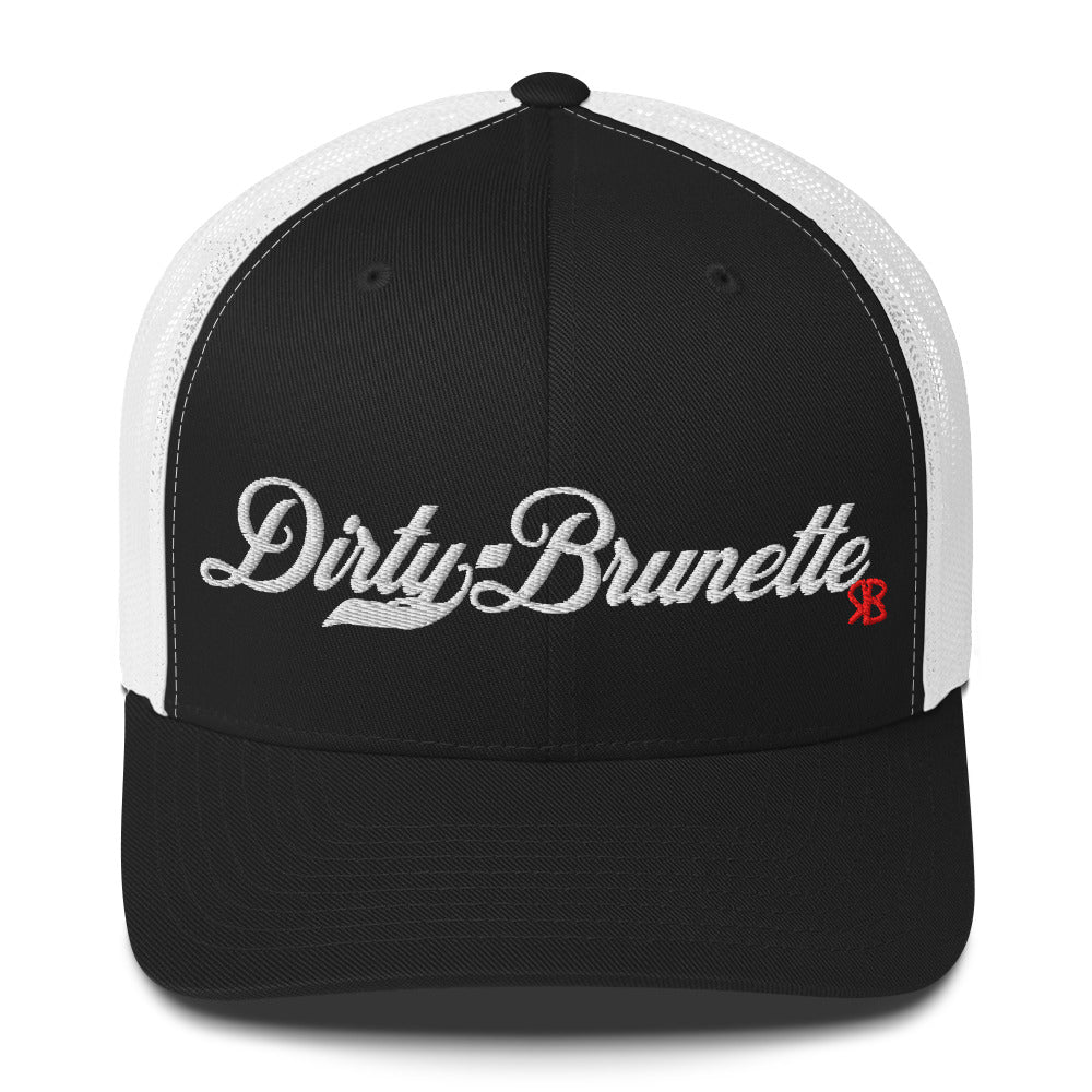 black/white trucker cap with 'Dirty Brunette' in white milkstore font. Branded RB in Red