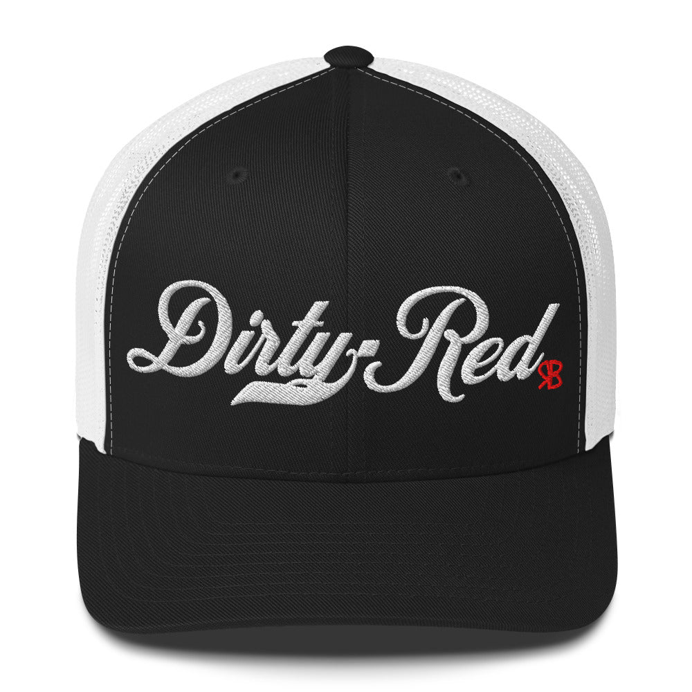 black/white trucker cap with 'Dirty Red' in white milkstore font. Branded RB in Red