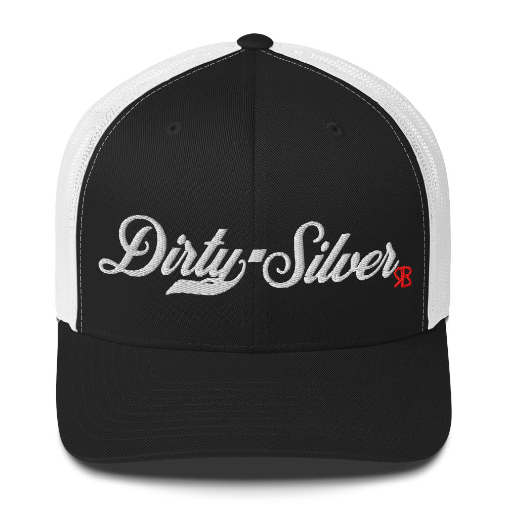 black/white trucker cap with 'Dirty Silver' in white milkstore font. Branded RB in Red
