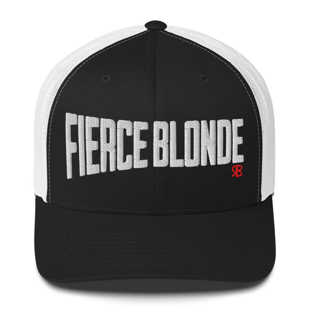 black/white retro trucker cap with bold white embroidered text “Fierce Blonde” across the front, featuring a small red RB logo on the side.