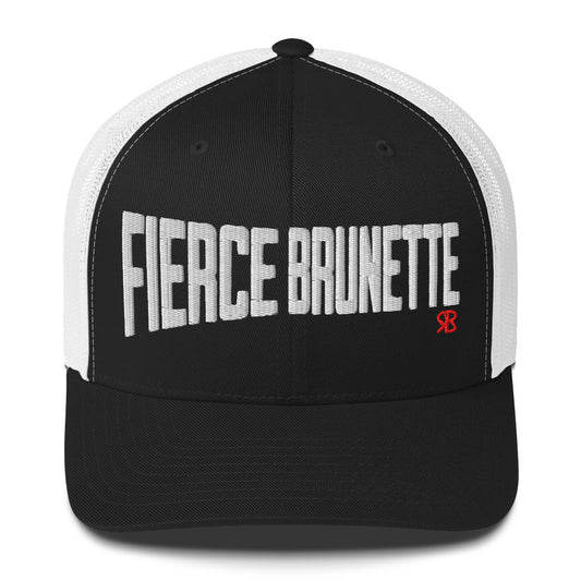 black/white retro trucker cap with bold white embroidered text “Fierce Brunette” across the front, featuring a small red RB logo on the side.