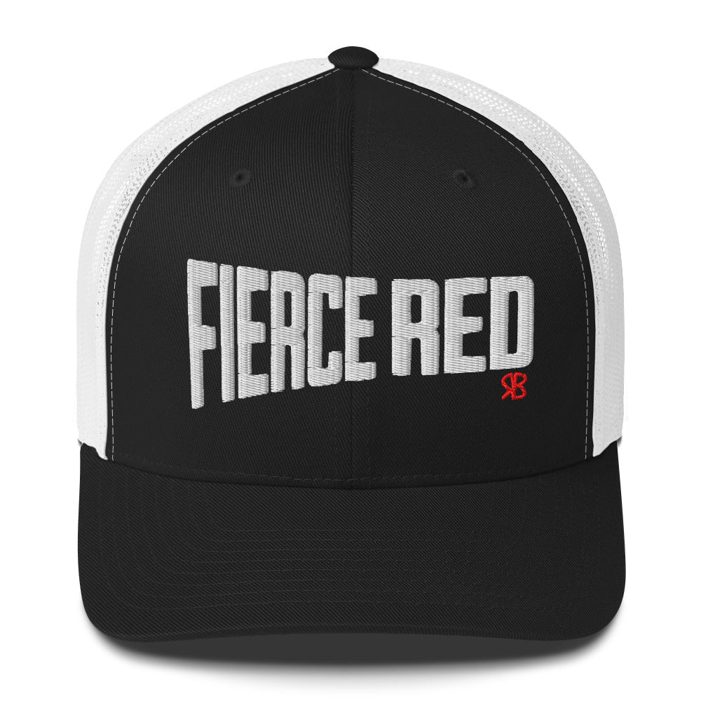 black/white retro trucker cap with bold white embroidered text “Fierce Red” across the front, featuring a small red RB logo on the side.