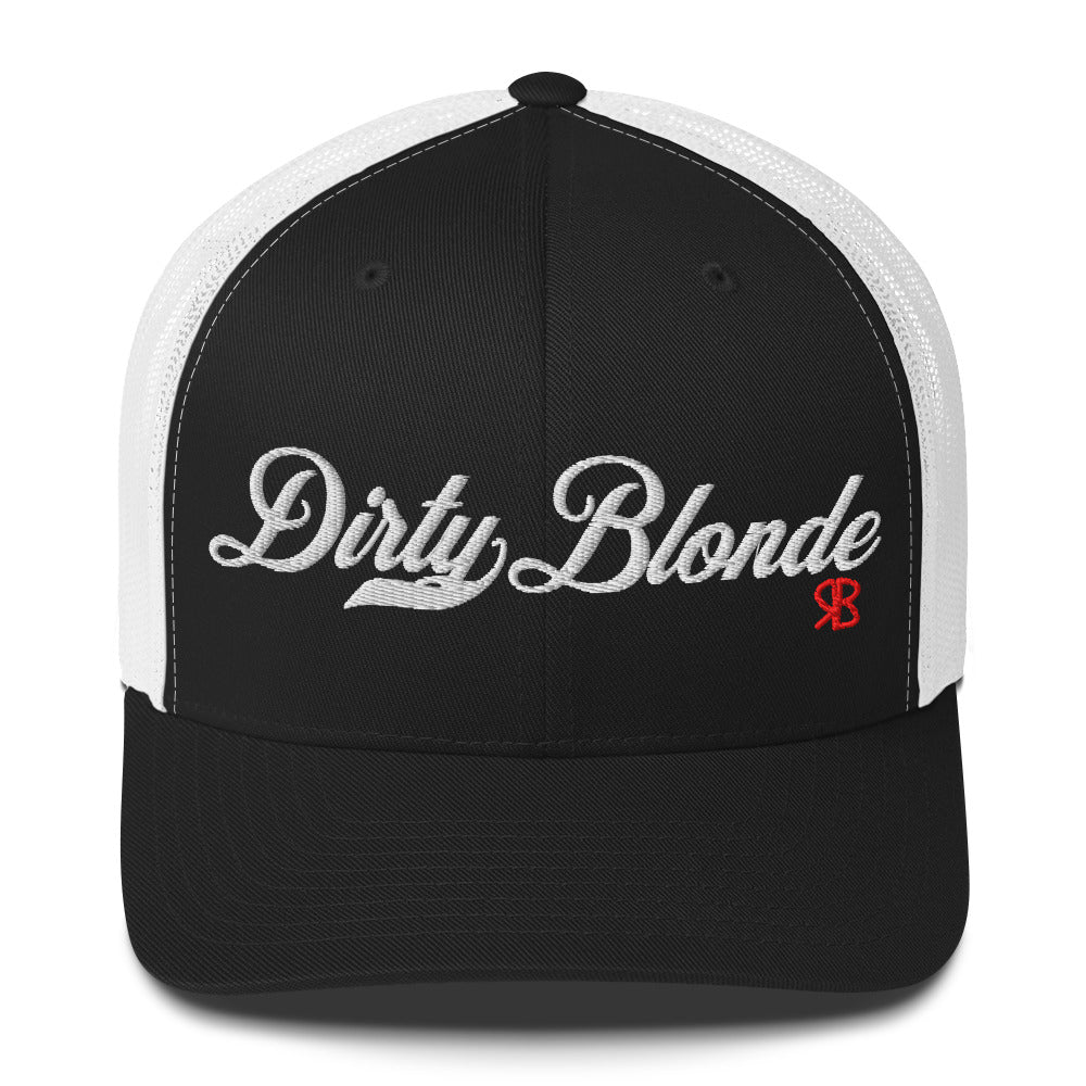black/white trucker cap with 'Dirty Blonde' in white milkstore font. Branded RB in Red