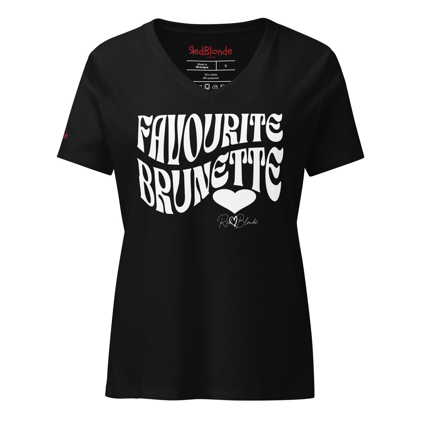 black women's loose fit v-neck graphic t-shirt with the slogan 'Favourite Brunette' in Solino Display white retro 70s wavy font. Signed with a heart and RedBlonde. Branded RedBlonde in red on inside neck and right sleeve