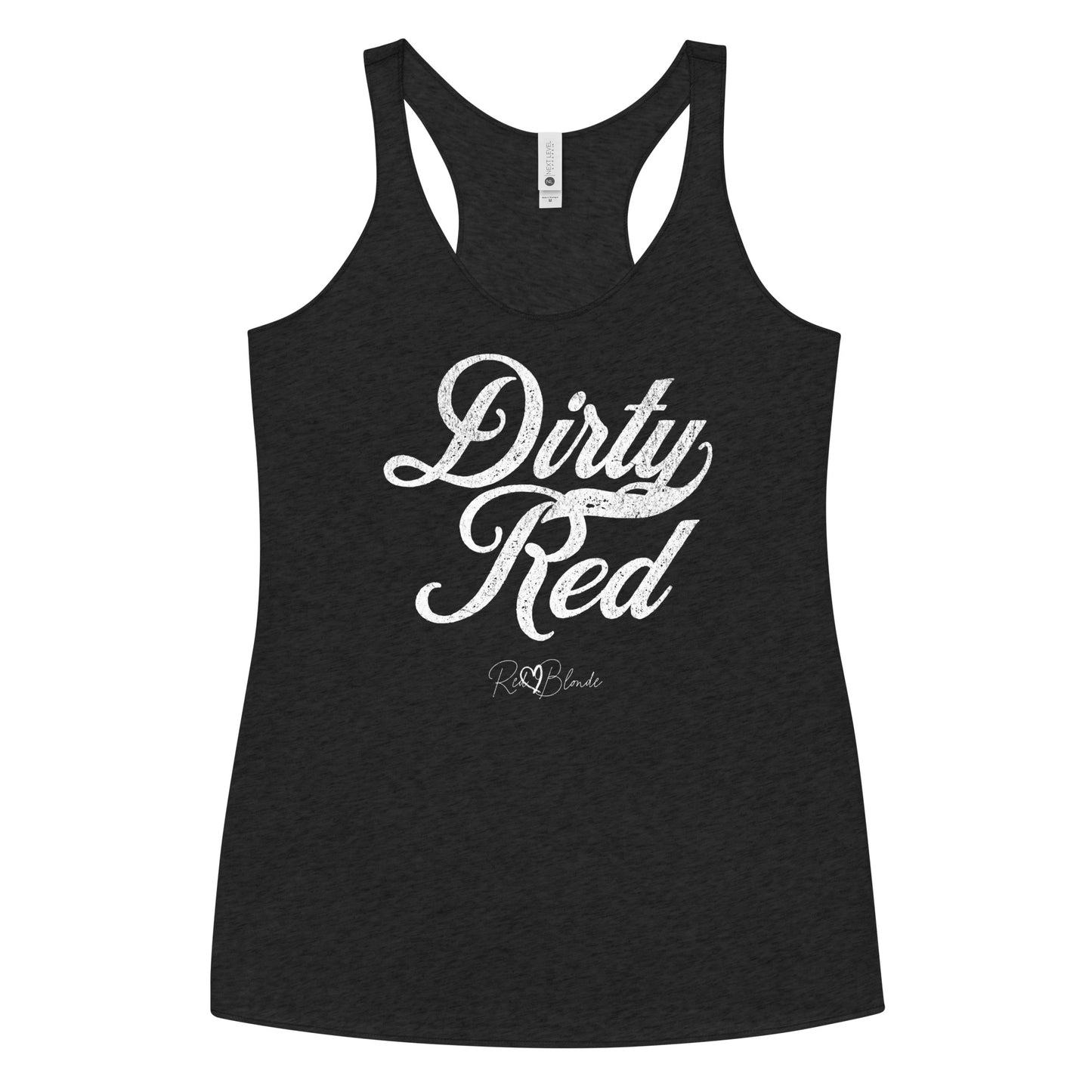 black women's racerback tank with the playful slogan ‘Dirty Red’ in white milk-store font, signed off RedBlonde. Branded RedBlonde London in red on the reverse