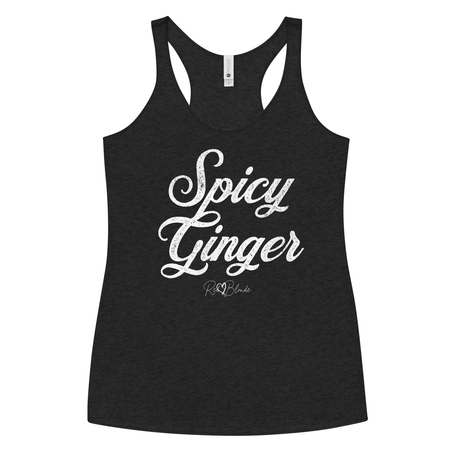 black women's racerback tank with the playful slogan ‘Spicy Ginger’ in white milk-store font, signed off RedBlonde. Branded RedBlonde London in red on the reverse