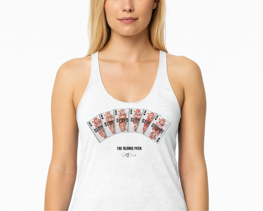 blonde woman wears a vintage white racerback tank top featuring a bold graphic of Queen playing cards spread across the chest, each card with a famous blonde. Below the cards, the text reads “THE BLONDE PACK” with the RedBlonde signature logo.